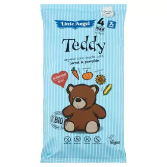 "LITTLE ANGEL TEDDY" BIO KUKORICA SNACK, RÉPÁVAL ÉS SÜTŐTÖKKEL, 4X15 G