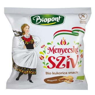 BIOPONT "MENYECSKE SZÍV", BIO KUKORICA SNACK, MOGYORÓS ÍZESÍTÉSŰ